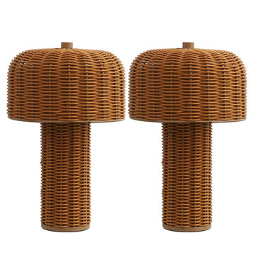 Mia 10" Modern Scandinavian Indoor/Outdoor Faux Wicker Rechargeable/Cordless Dimmable Integrated LED Table Lamp, Set of 2